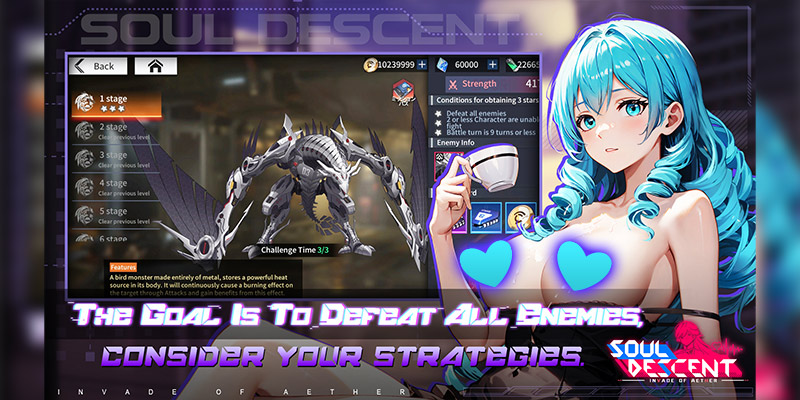 Bild, das einige der Level zeigt, in denen du Belohnungen erhältst, und ein schönes Mädchen mit blauen Haaren aus Soul Descent