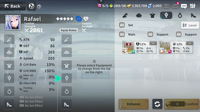 Bild, das die Benutzeroberfläche des Ausrüstungssystems zeigt