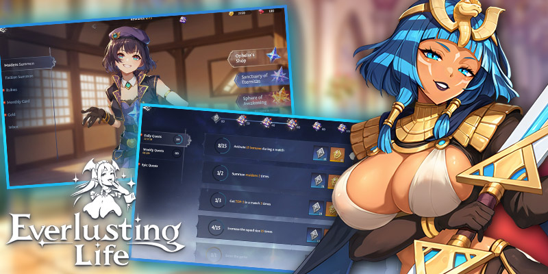 Image showing the a busty waifu and some of the daily challenges UI