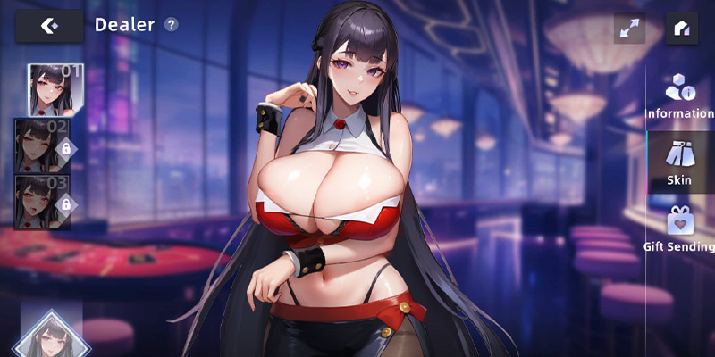 画像はPoker N Slutsのメニューと、そこで出会う女の子の一人を示しています。
