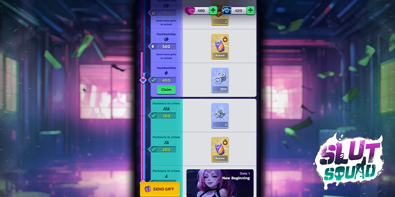 Image montrant l'interface utilisateur du jeu Slut Squad