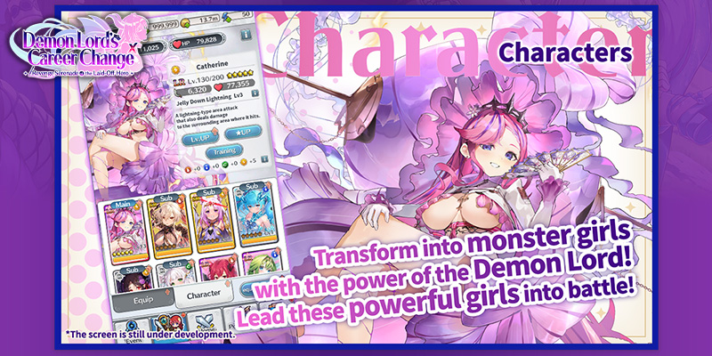 Obraz przedstawiający jedną z dziewczyn oraz interfejs użytkownika postaci w grze Demon Lord’s Career Change X
