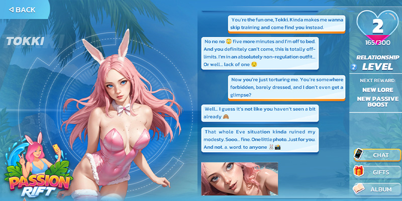 Imagen que muestra una interacción con una conejita y el sistema de chat del juego Passion Rift