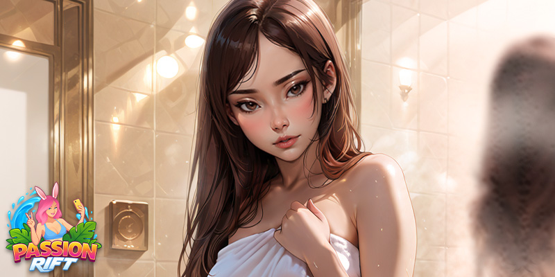 Imagen que muestra a una de las adorables morenas saliendo de la ducha del juego Passion Rift