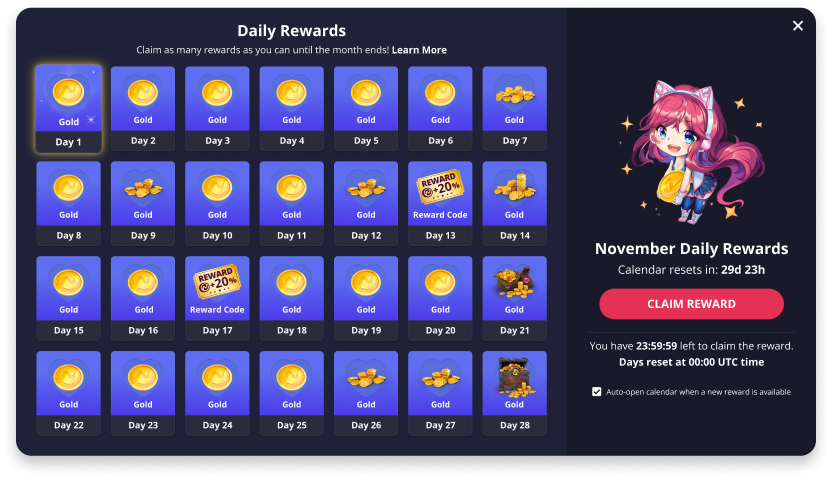 Image montrant le calendrier des récompenses quotidiennes