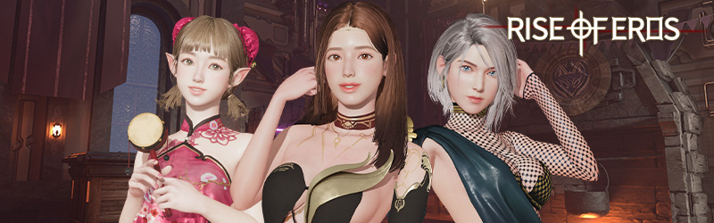 Imagen que muestra algunas de las hermosas chicas y el logo principal del juego Rise of Eros